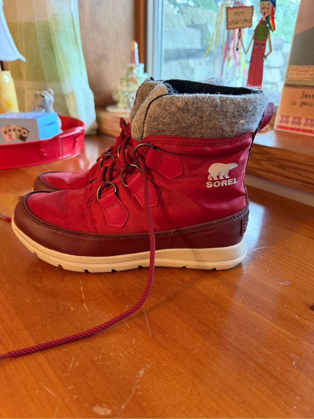 Sorel explorer carnival snow Red and Gray Winter Lace-Up Boot